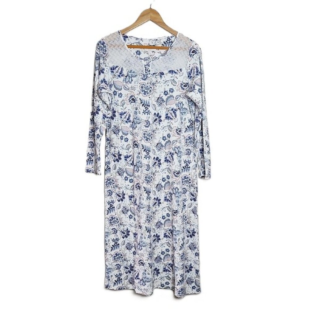 Charter Club 100% Cotton White Blue Pink Long Floral Nightgown size S NWT